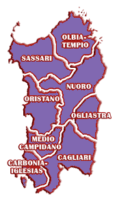 Mappa della Sardegna divisa nelle province: Sassari, Olbia-Tempio, Nuoro, Oristano, Ogliastra, Medio Campidano, Carbonia-Iglesias e Cagliari