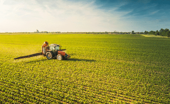 Campo coltivato con un trattore in lontananza